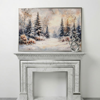 Snowy Evergreen Forest Canvas Wall Art, Winter Landscape in silver floating frame