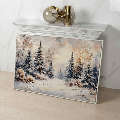 Snowy Evergreen Forest Canvas Wall Art, Winter Landscape in white floating frame