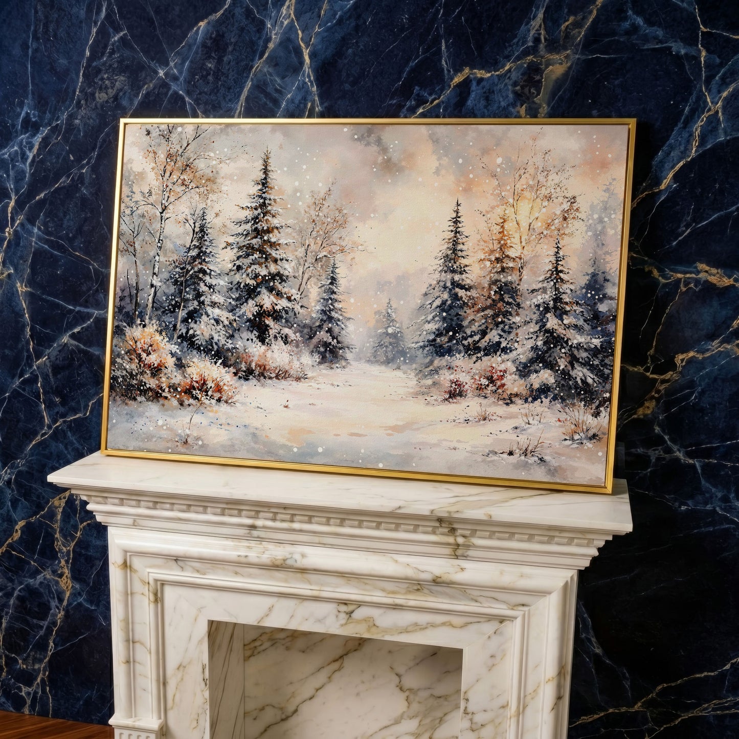 Snowy Evergreen Forest Canvas Wall Art, Winter Landscape in yellow gold floating frame