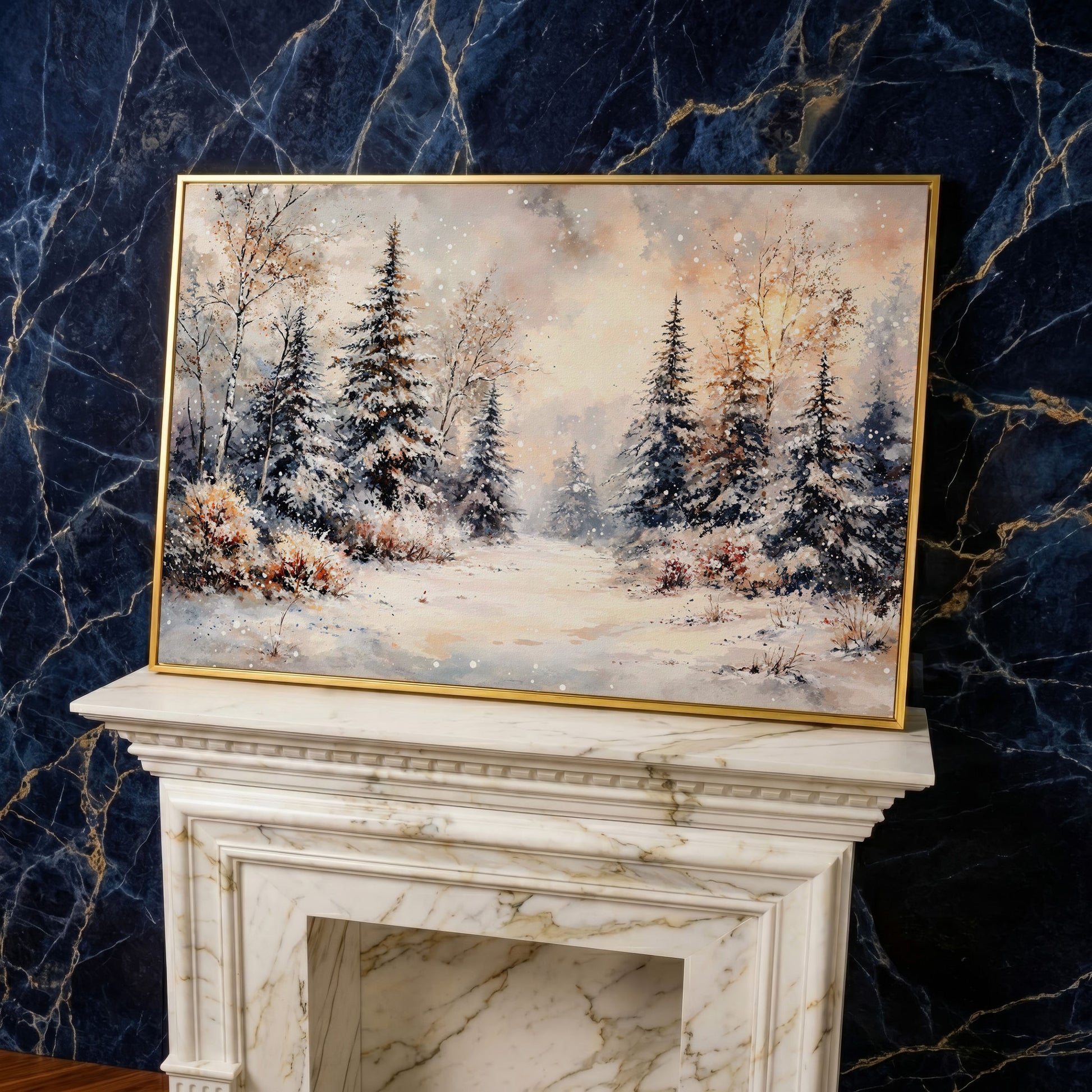 Snowy Evergreen Forest Canvas Wall Art, Winter Landscape in yellow gold floating frame