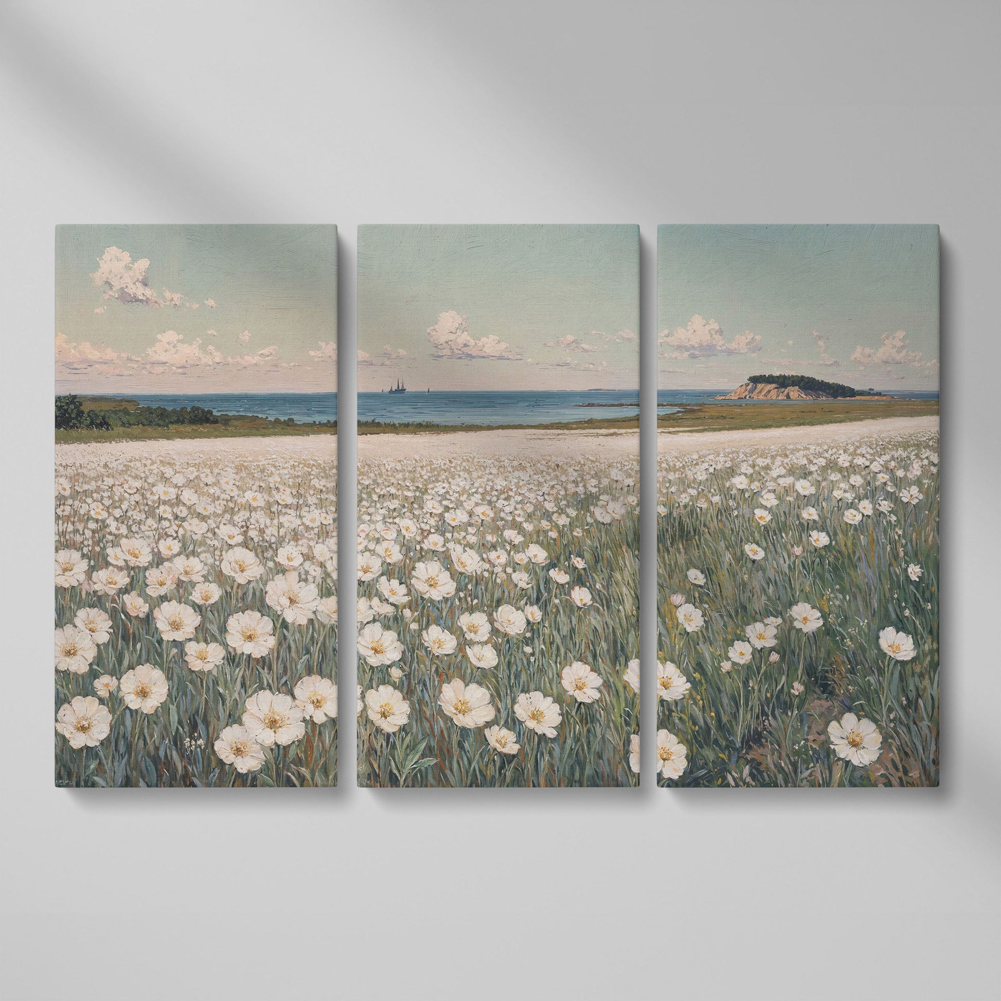 Seascape with Wildflower Field and Sailing Ships Canvas as 3-panel split version