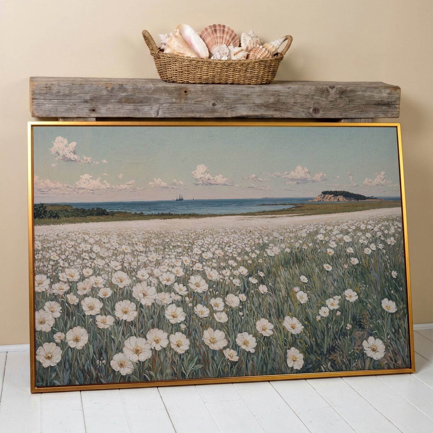 Seascape with Wildflower Field and Sailing Ships Canvas in antique gold floating frame