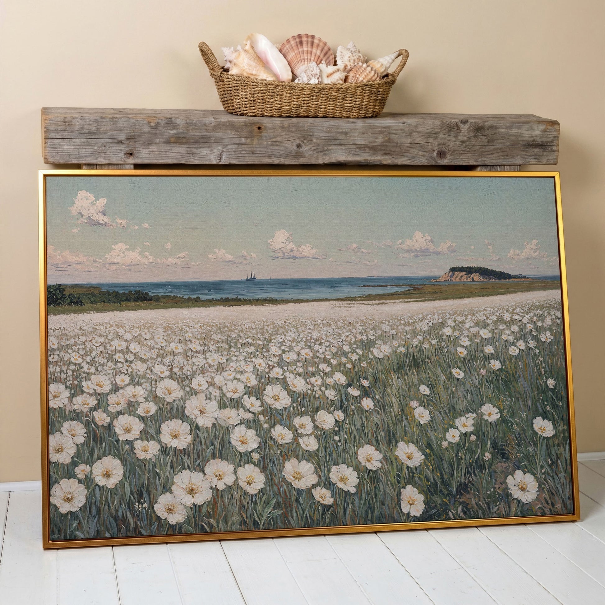 Seascape with Wildflower Field and Sailing Ships Canvas in antique gold floating frame