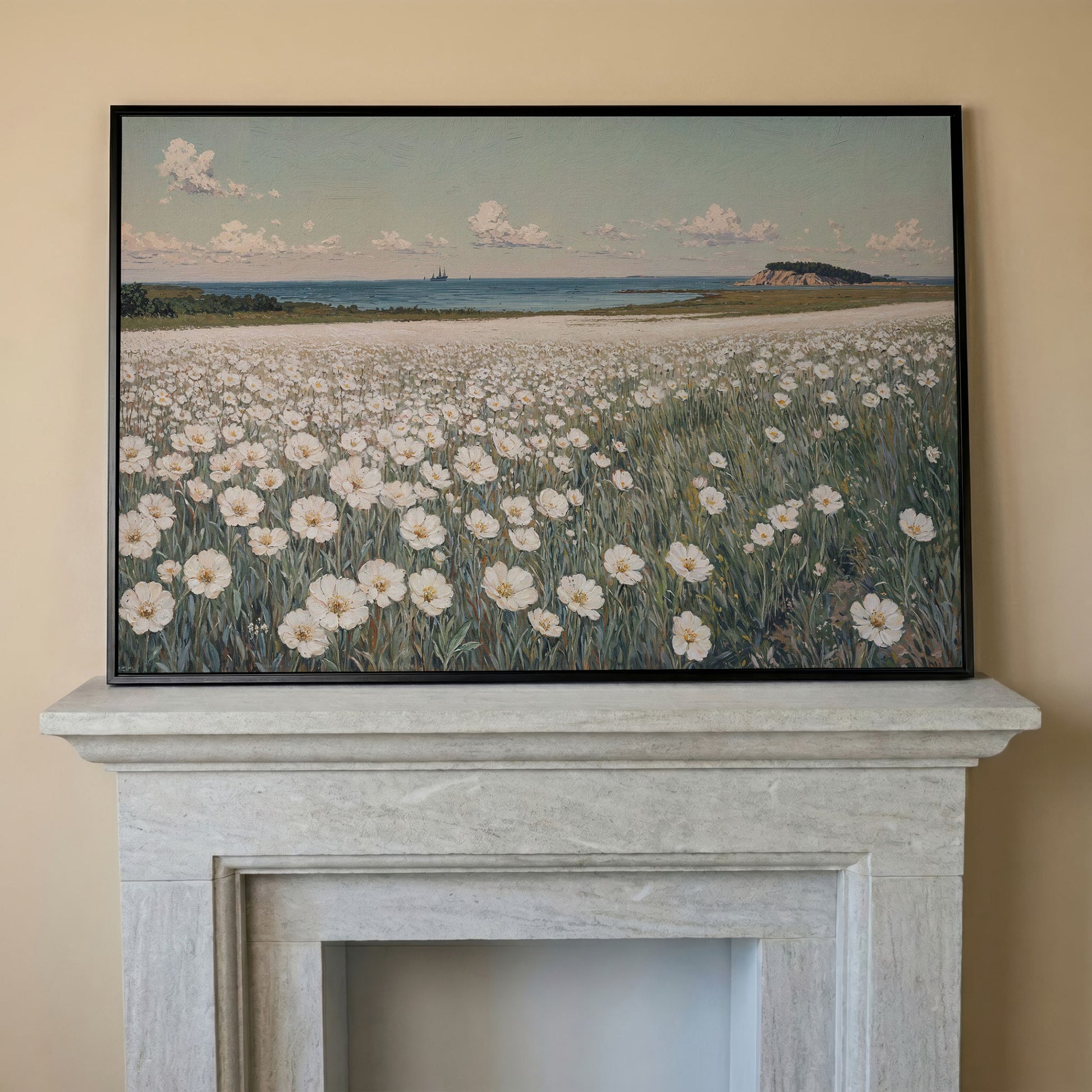 Seascape with Wildflower Field and Sailing Ships Canvas in black floating frame