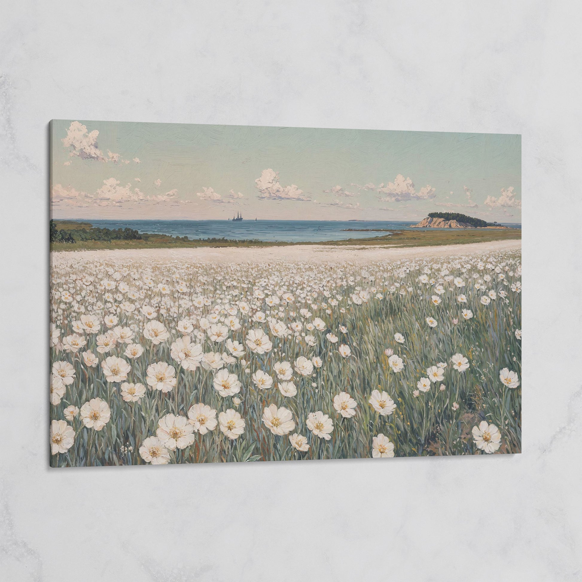 Seascape with Wildflower Field and Sailing Ships Canvas on gallery wrap
