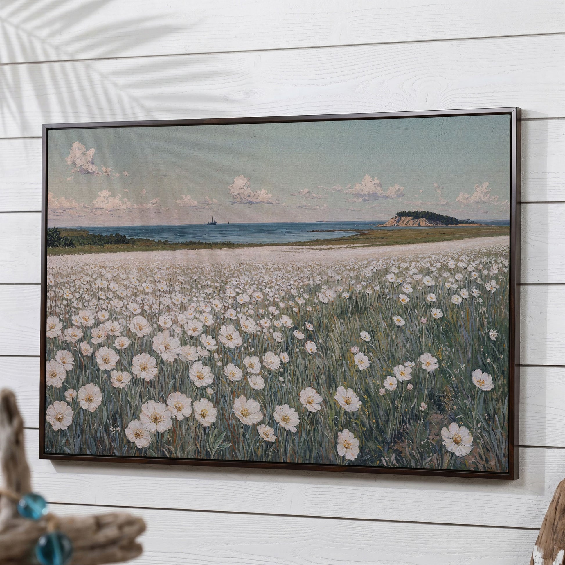 Seascape with Wildflower Field and Sailing Ships Canvas in dark walnut floating frame