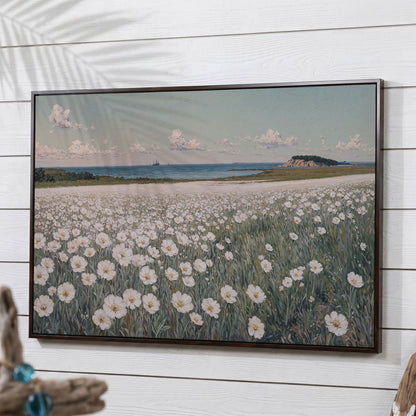 Seascape with Wildflower Field and Sailing Ships Canvas in dark walnut floating frame