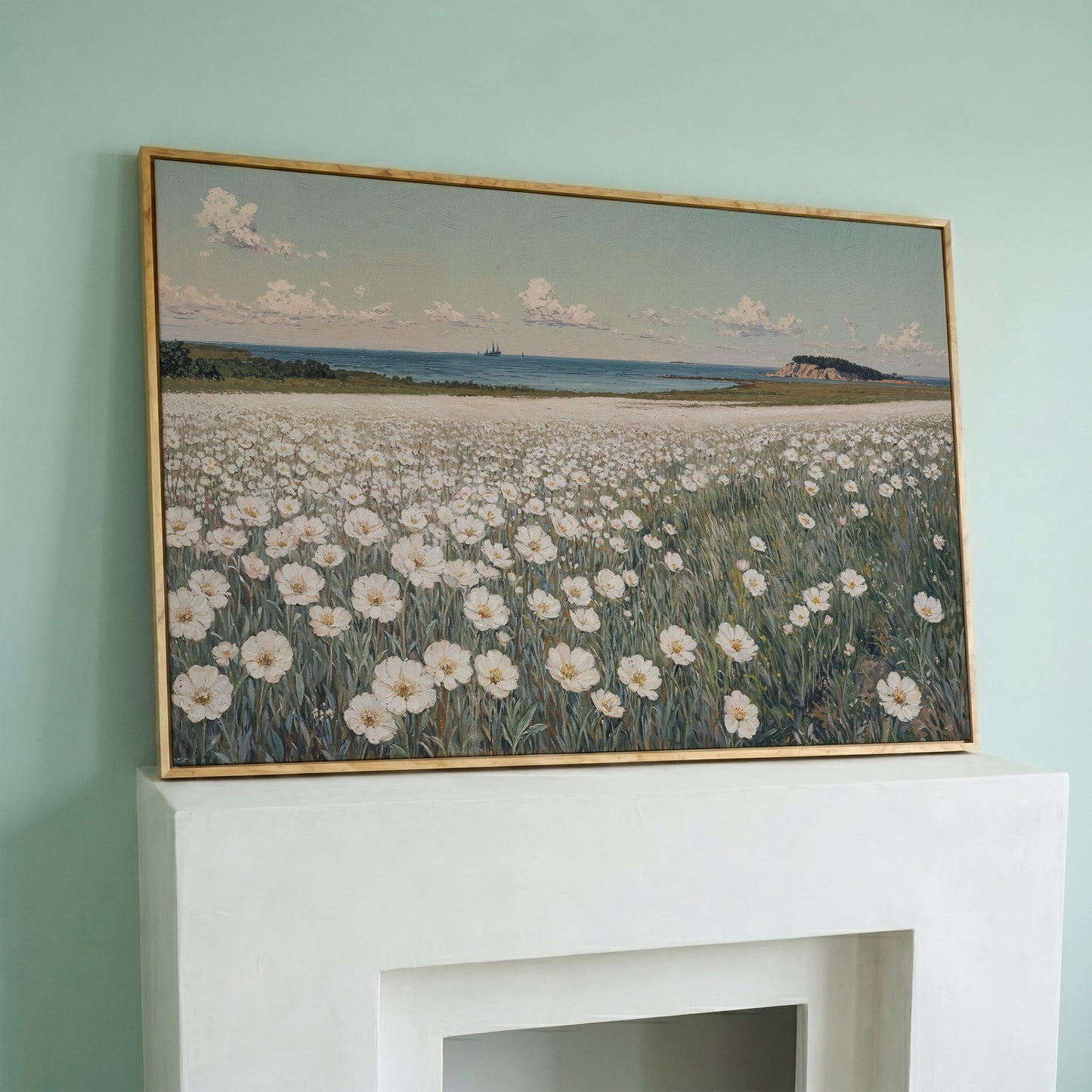 Seascape with Wildflower Field and Sailing Ships Canvas in white oak floating frame
