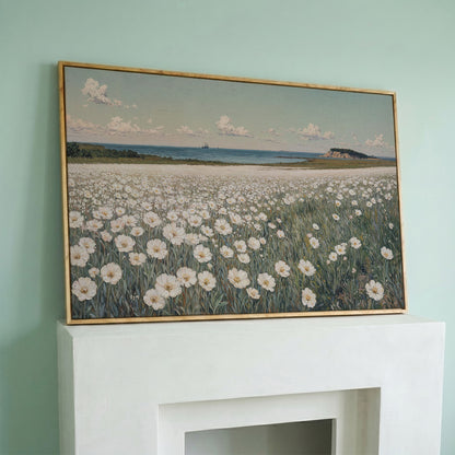 Seascape with Wildflower Field and Sailing Ships Canvas in white oak floating frame