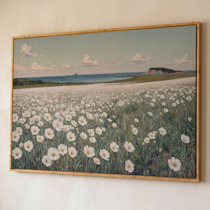 Seascape with Wildflower Field and Sailing Ships Canvas shown in white oak floating frame