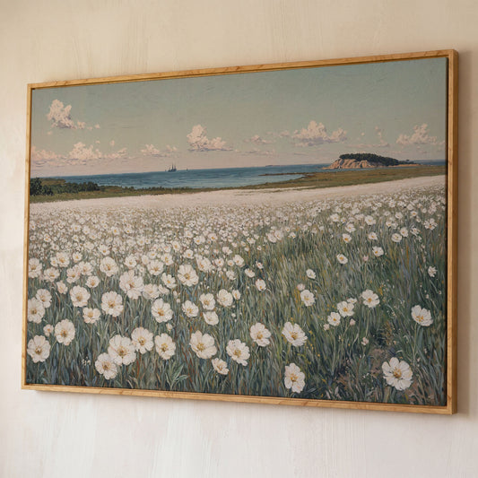 Seascape with Wildflower Field and Sailing Ships Canvas shown in white oak floating frame
