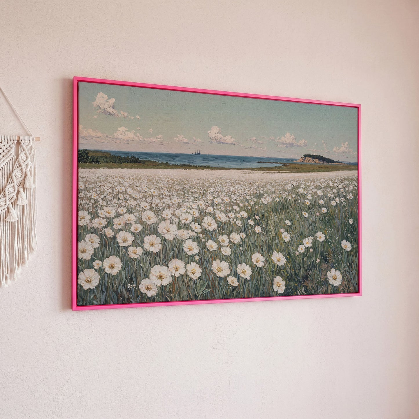 Seascape with Wildflower Field and Sailing Ships Canvas in pink floating frame