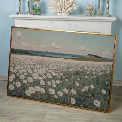 Seascape with Wildflower Field and Sailing Ships Canvas in rose gold floating frame