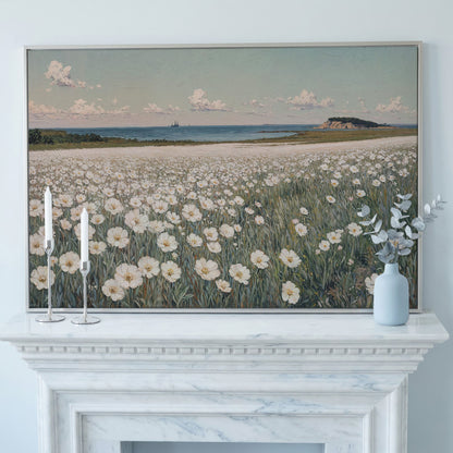 Seascape with Wildflower Field and Sailing Ships Canvas in silver floating frame
