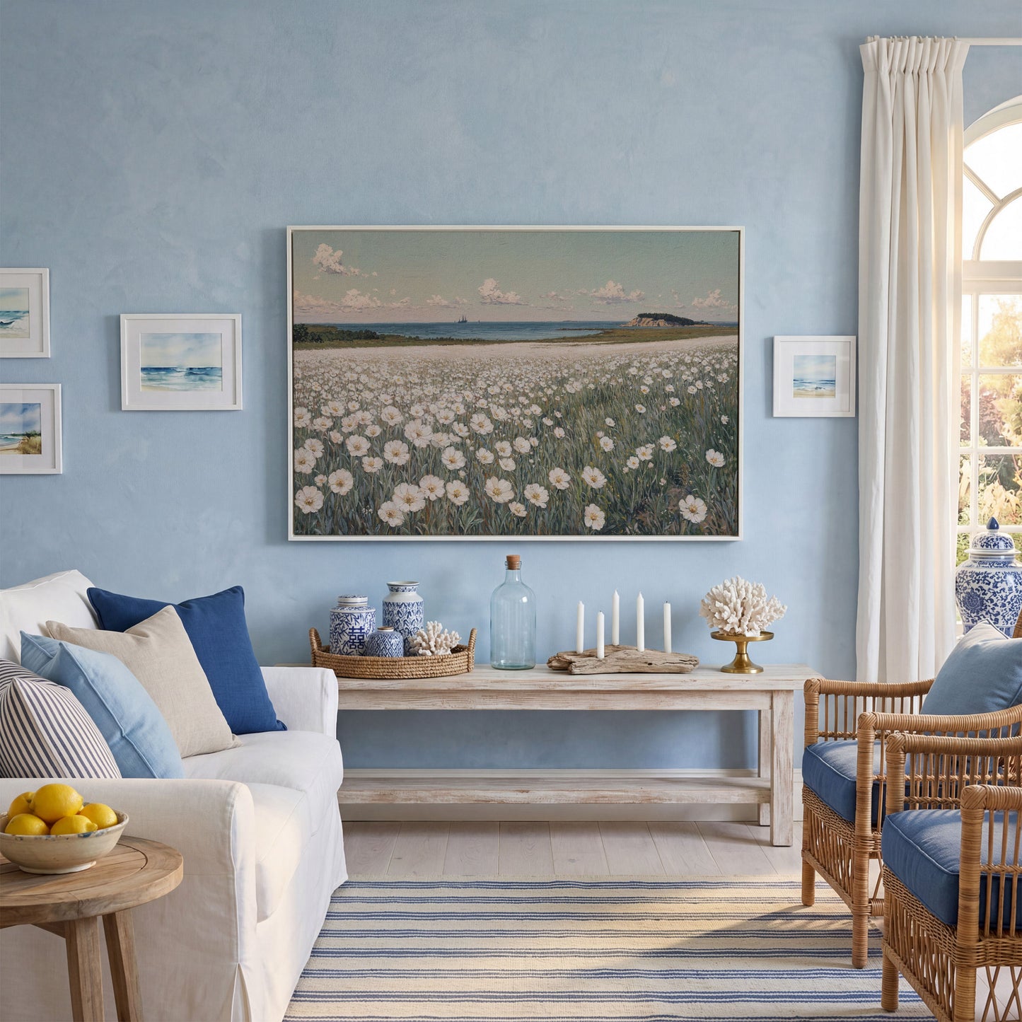Seascape with Wildflower Field and Sailing Ships Canvas in white floating frame