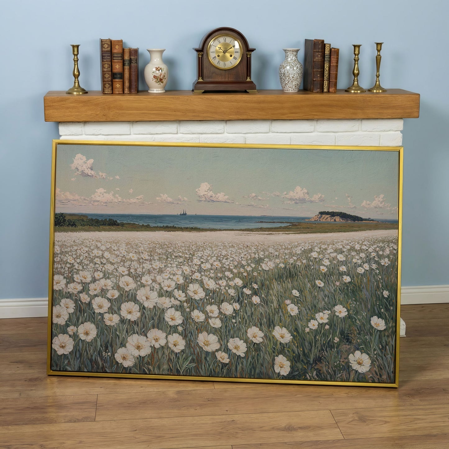 Seascape with Wildflower Field and Sailing Ships Canvas in yellow gold floating frame