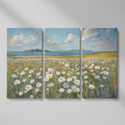 Seaside Landscape Canvas with Wildflowers and Bay as 3-panel split version