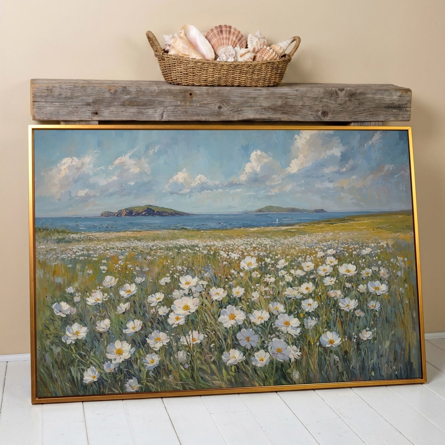Seaside Landscape Canvas with Wildflowers and Bay in antique gold floating frame