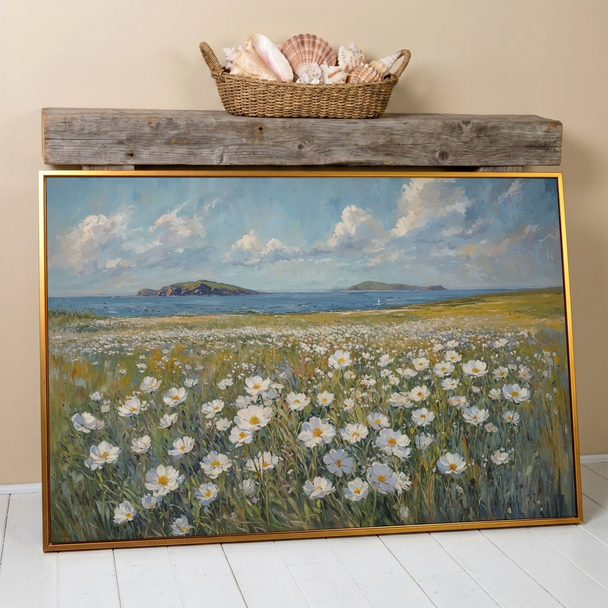 Seaside Landscape Canvas with Wildflowers and Bay in antique gold floating frame