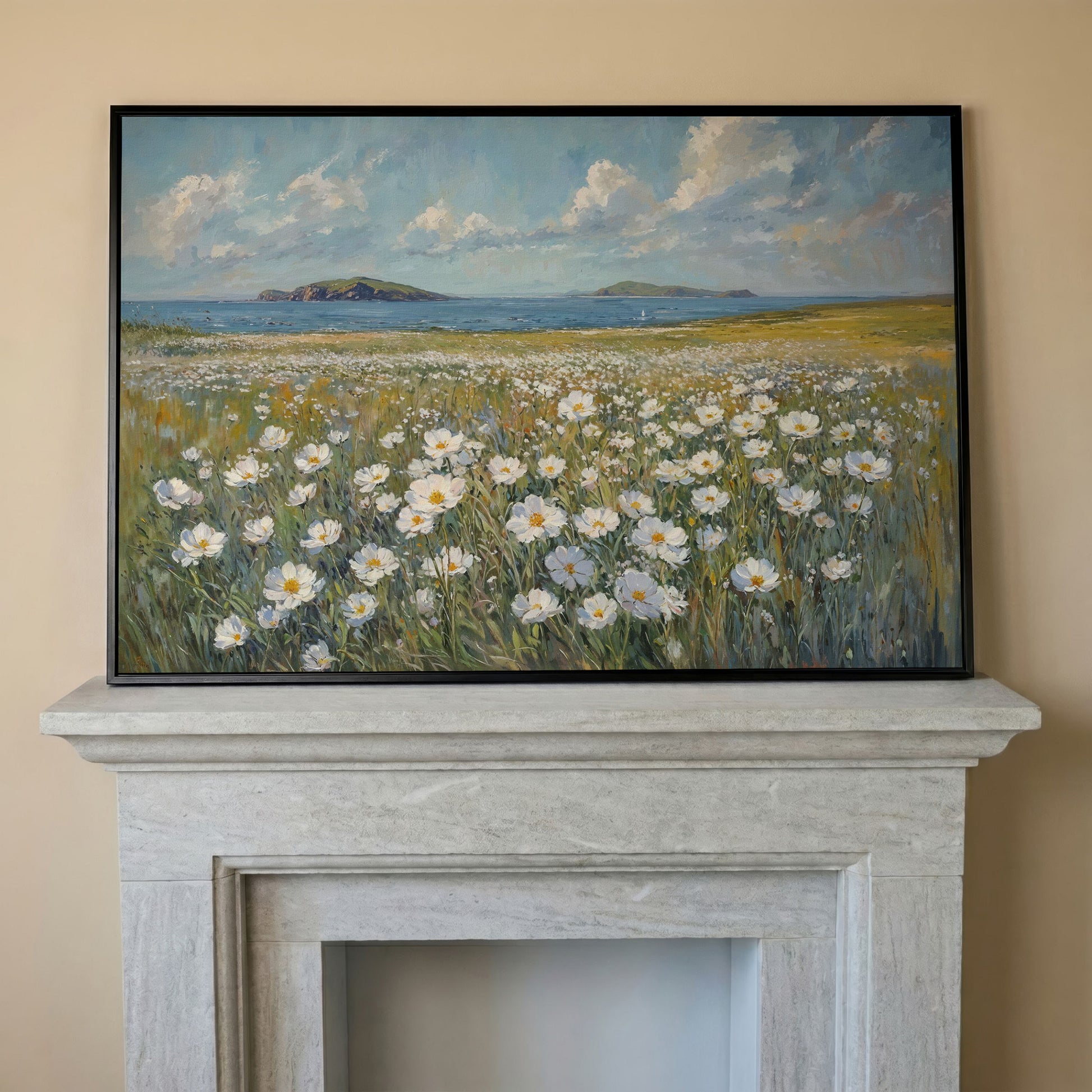 Seaside Landscape Canvas with Wildflowers and Bay in black floating frame