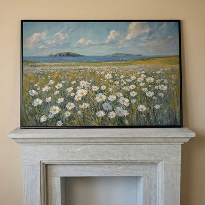Seaside Landscape Canvas with Wildflowers and Bay in black floating frame