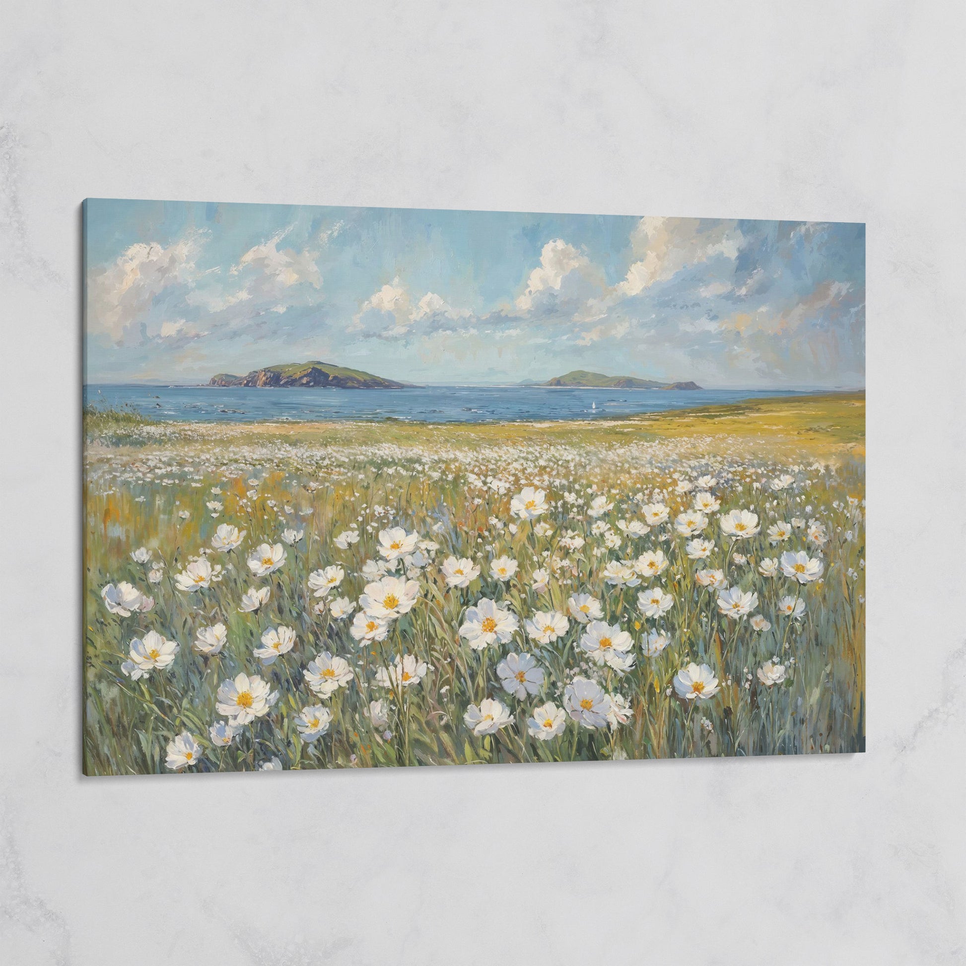Seaside Landscape Canvas with Wildflowers and Bay on gallery wrap