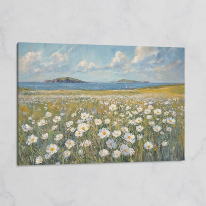 Seaside Landscape Canvas with Wildflowers and Bay on gallery wrap