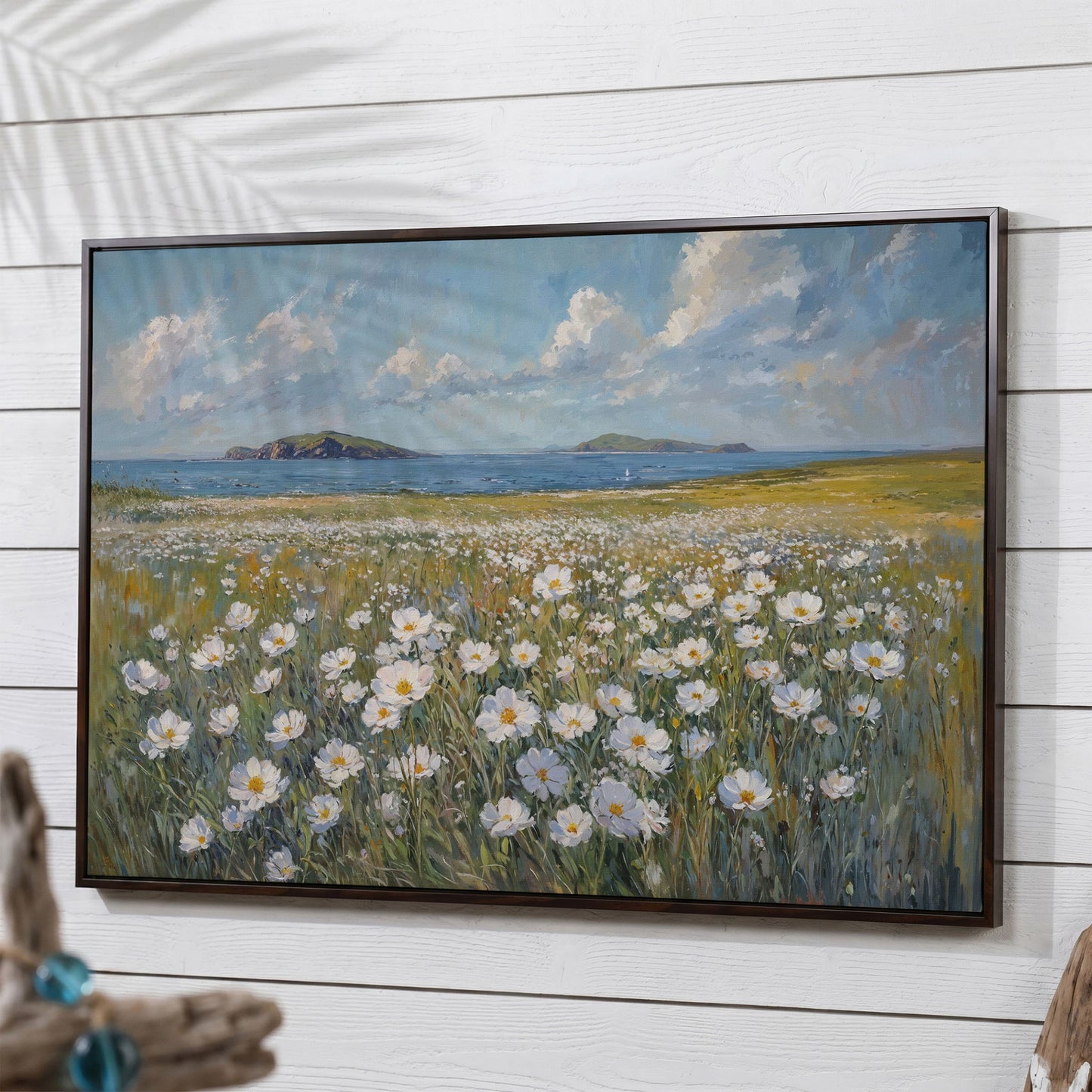 Seaside Landscape Canvas with Wildflowers and Bay in dark walnut floating frame