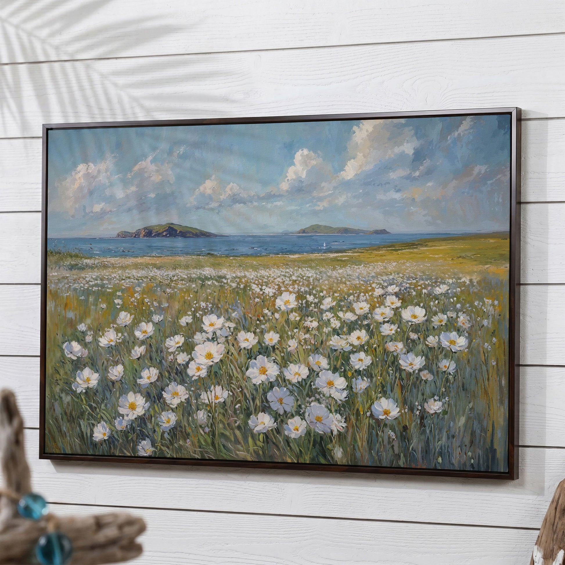 Seaside Landscape Canvas with Wildflowers and Bay in dark walnut floating frame