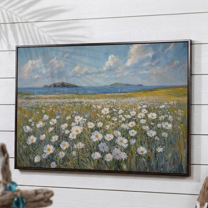 Seaside Landscape Canvas with Wildflowers and Bay in dark walnut floating frame