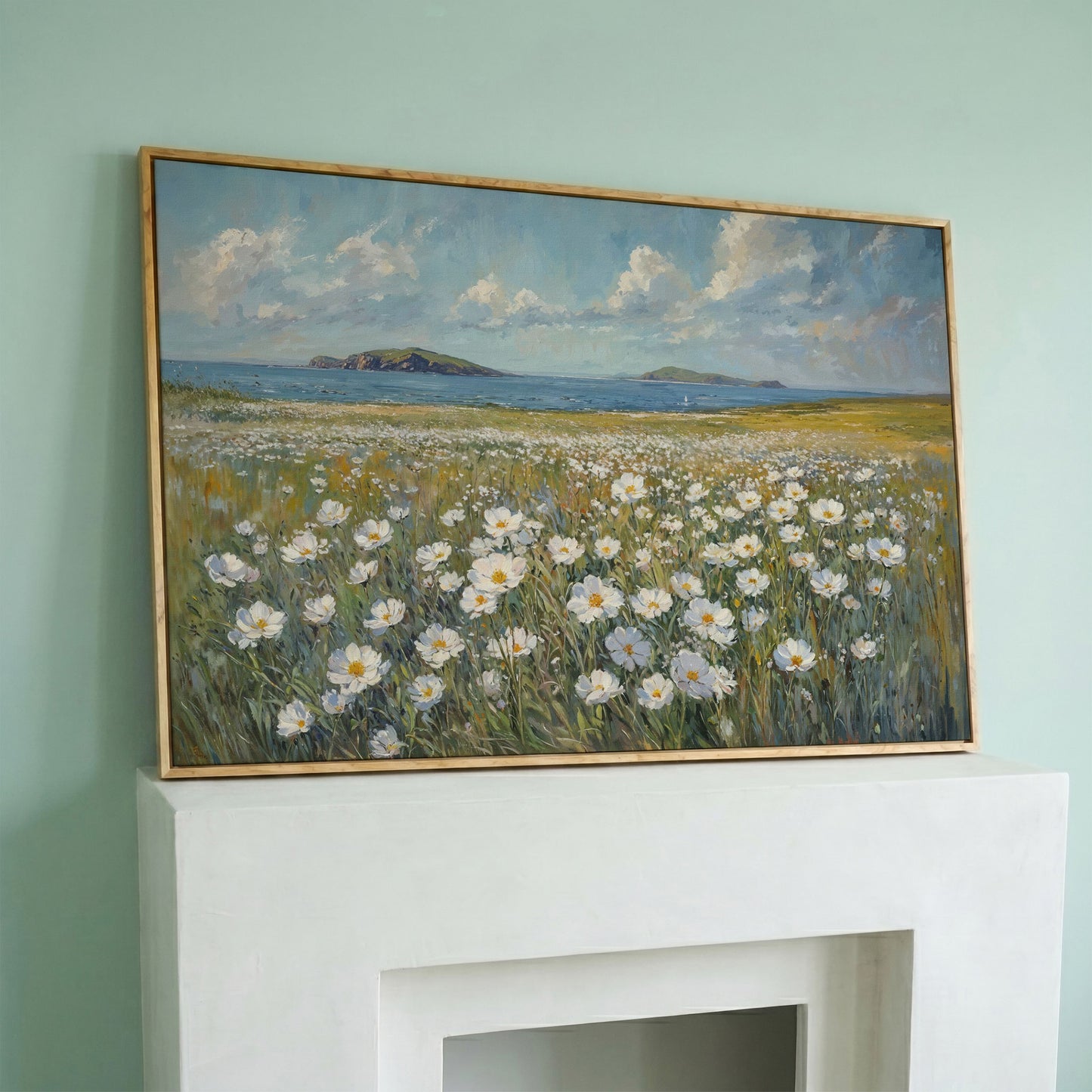 Seaside Landscape Canvas with Wildflowers and Bay in white oak floating frame