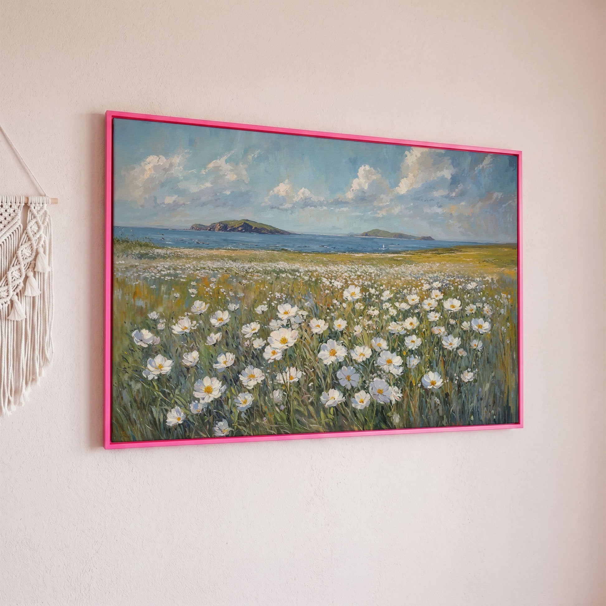 Seaside Landscape Canvas with Wildflowers and Bay in pink floating frame