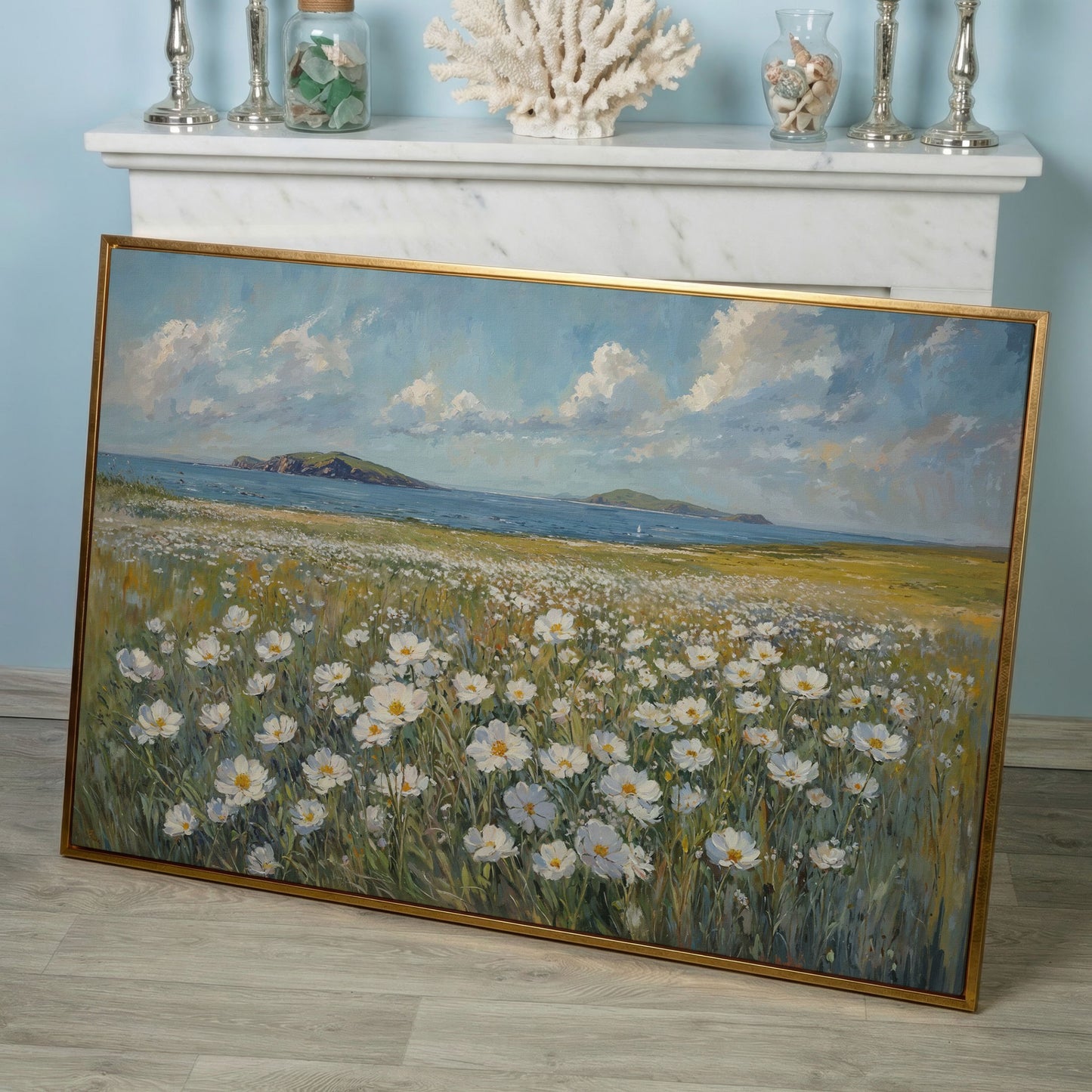 Seaside Landscape Canvas with Wildflowers and Bay in rose gold floating frame