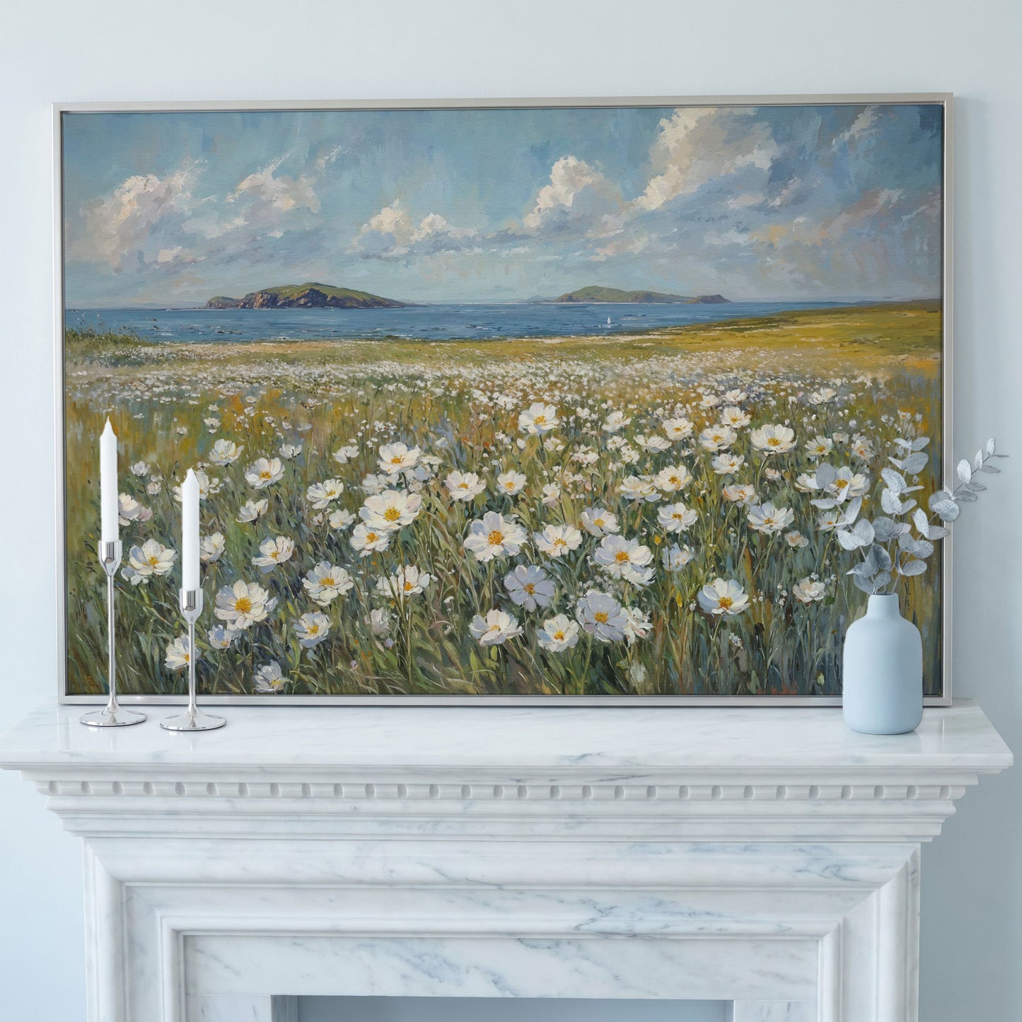 Seaside Landscape Canvas with Wildflowers and Bay in silver floating frame