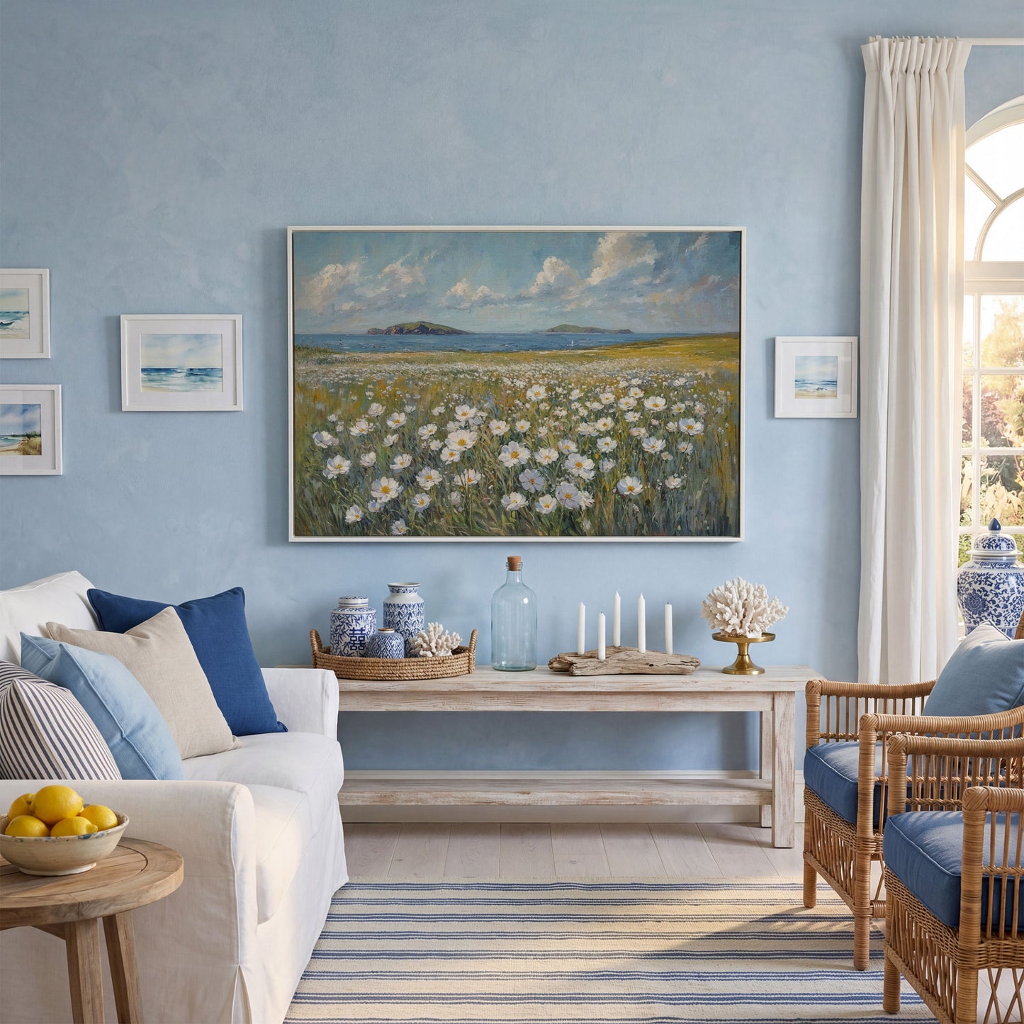 Seaside Landscape Canvas with Wildflowers and Bay in white floating frame