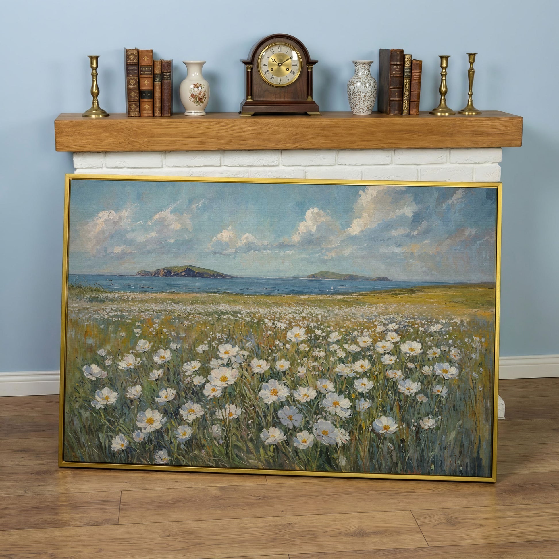 Seaside Landscape Canvas with Wildflowers and Bay in yellow gold floating frame