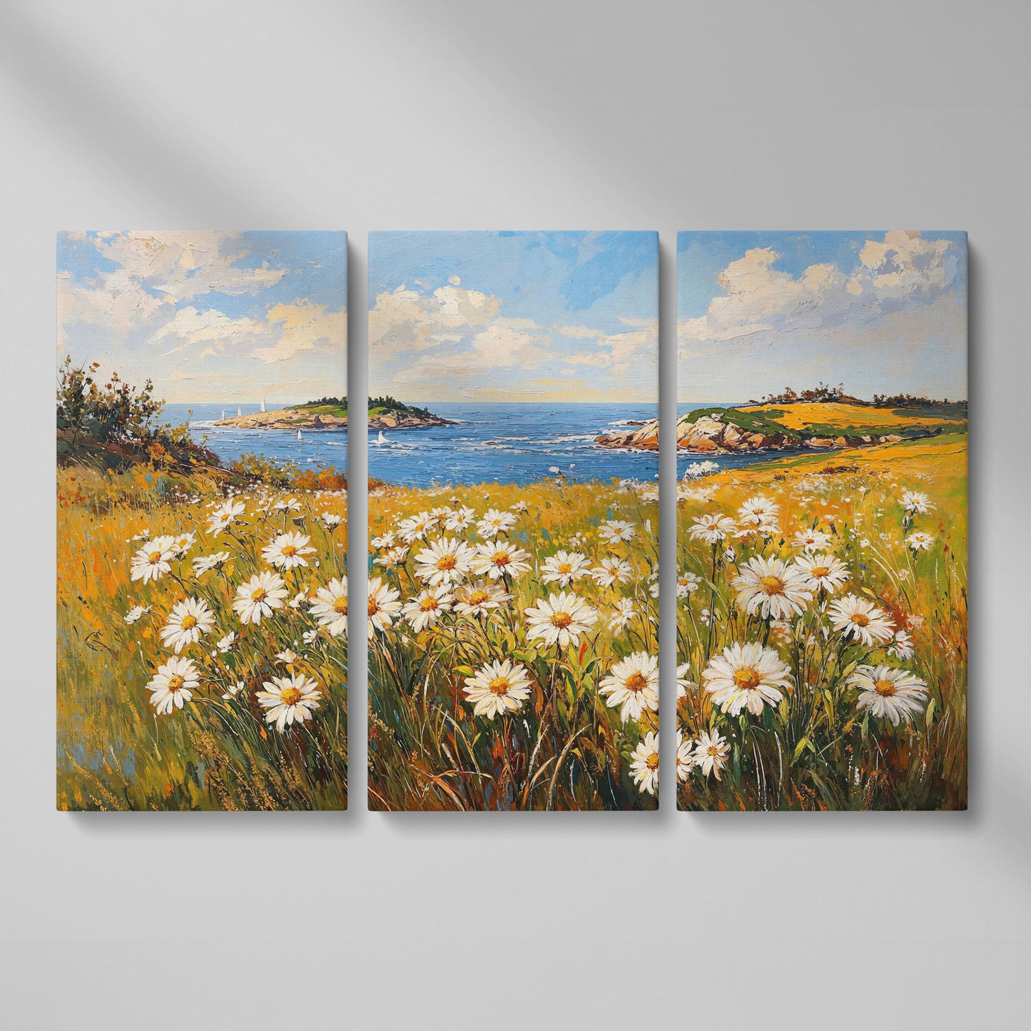 Seaside Wildflower Coastal Landscape Canvas as 3-panel split version