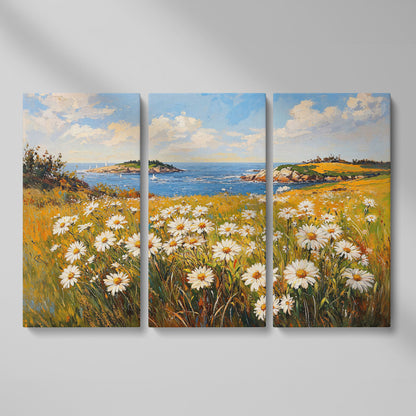 Seaside Wildflower Coastal Landscape Canvas as 3-panel split version