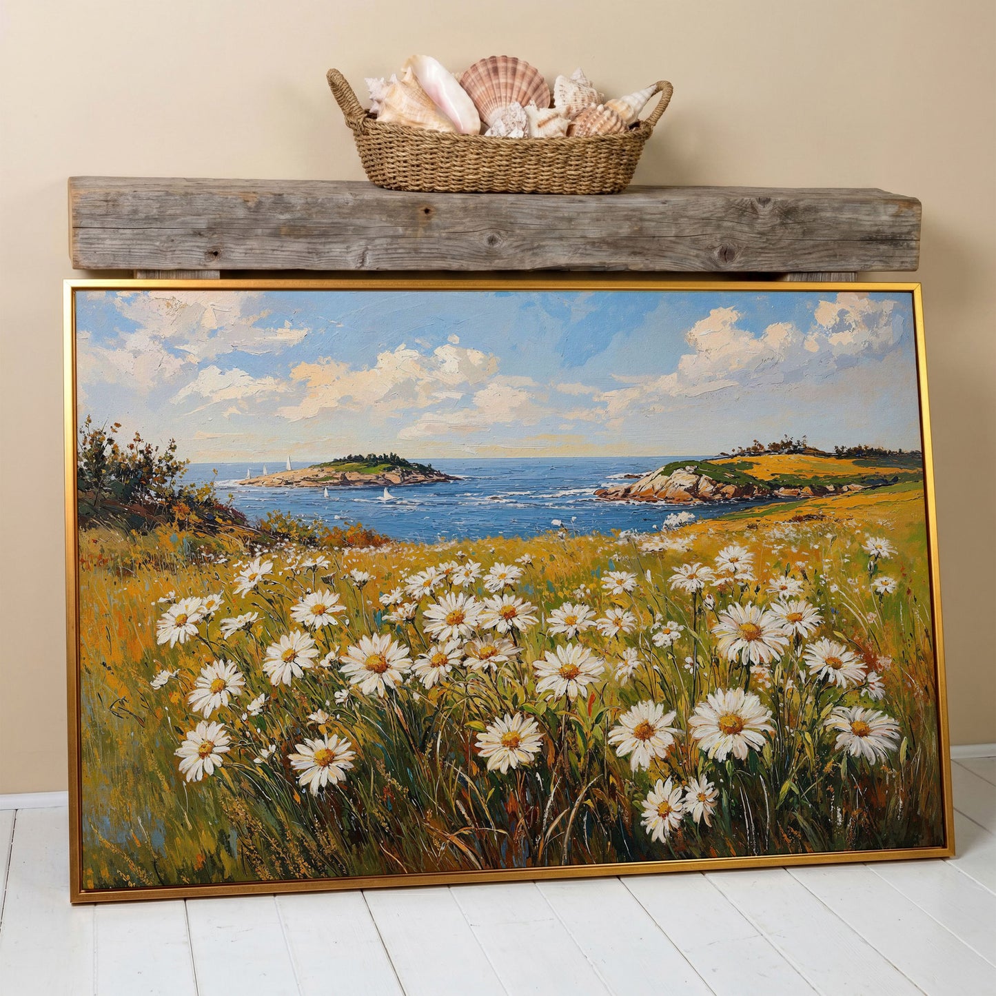 Seaside Wildflower Coastal Landscape Canvas in antique gold floating frame