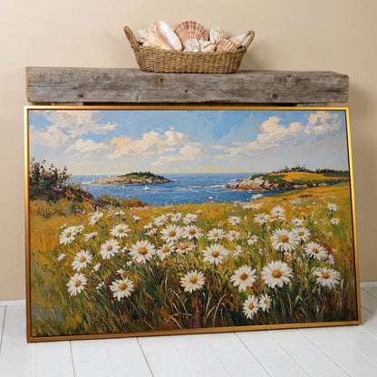 Seaside Wildflower Coastal Landscape Canvas in antique gold floating frame