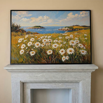 Seaside Wildflower Coastal Landscape Canvas in black floating frame