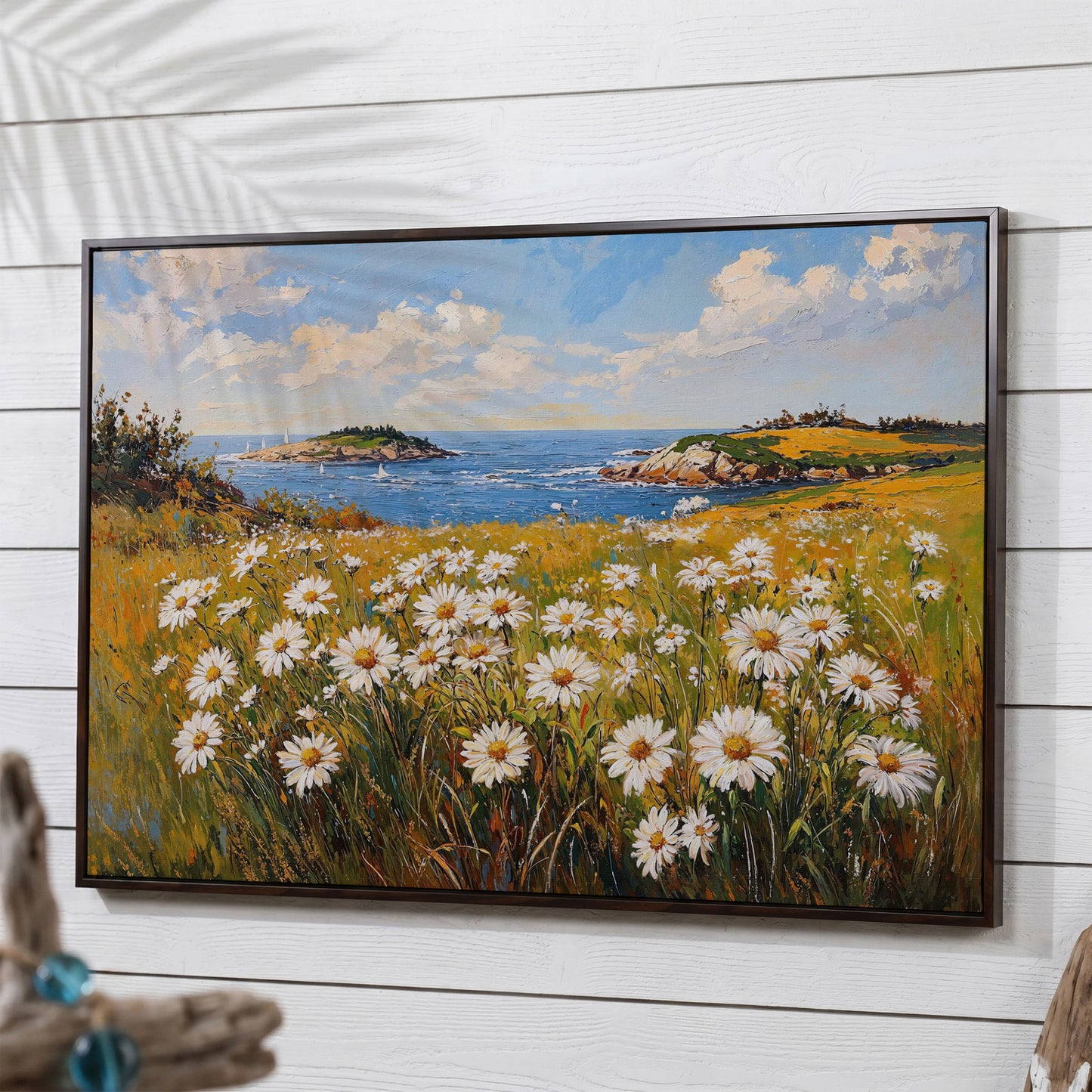 Seaside Wildflower Coastal Landscape Canvas in dark walnut floating frame