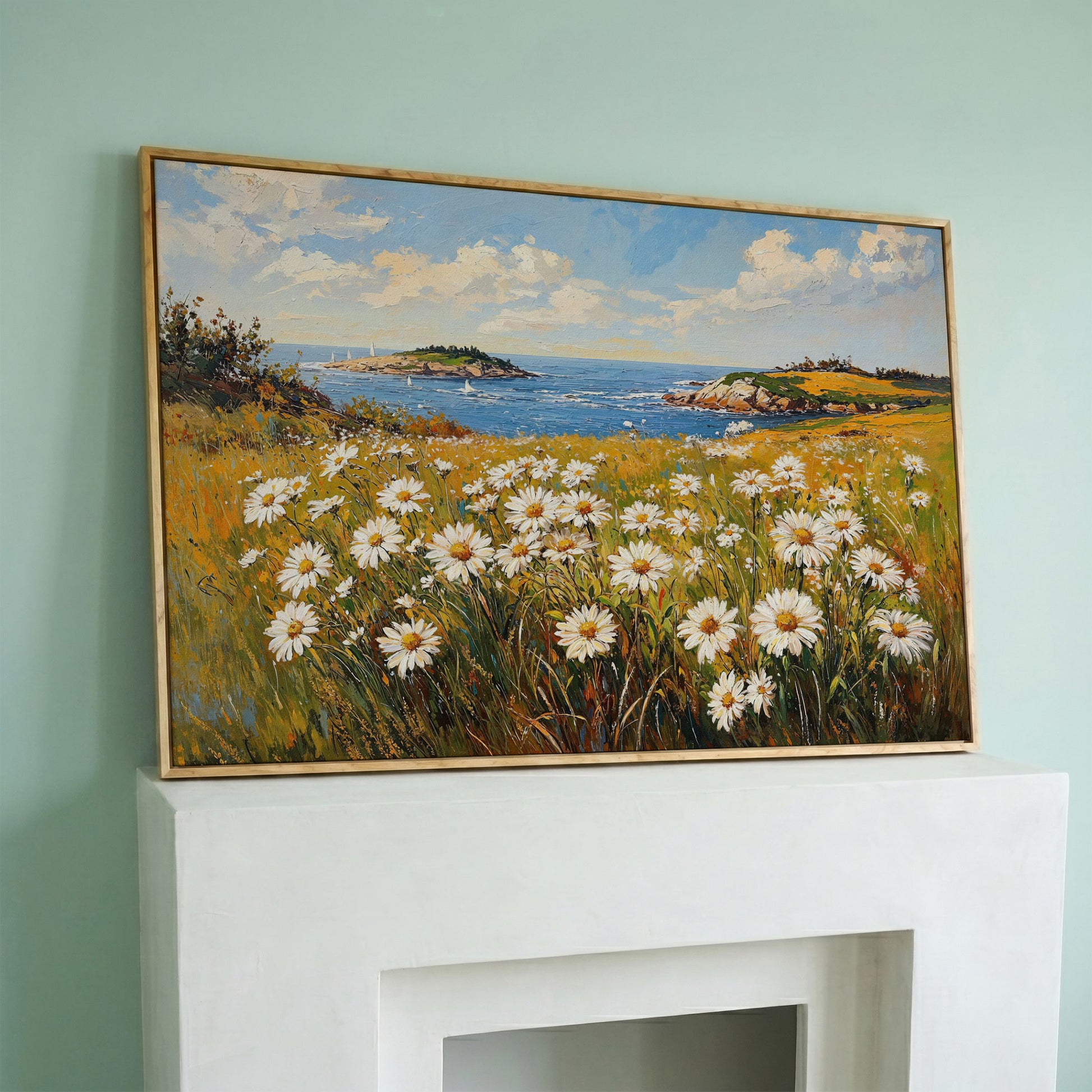Seaside Wildflower Coastal Landscape Canvas in white oak floating frame
