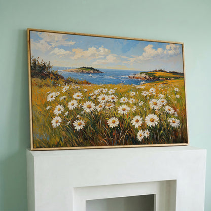 Seaside Wildflower Coastal Landscape Canvas in white oak floating frame