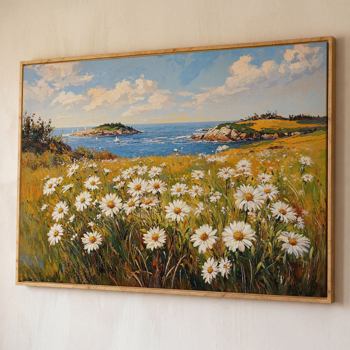 Seaside Wildflower Coastal Landscape Canvas shown in white oak floating frame