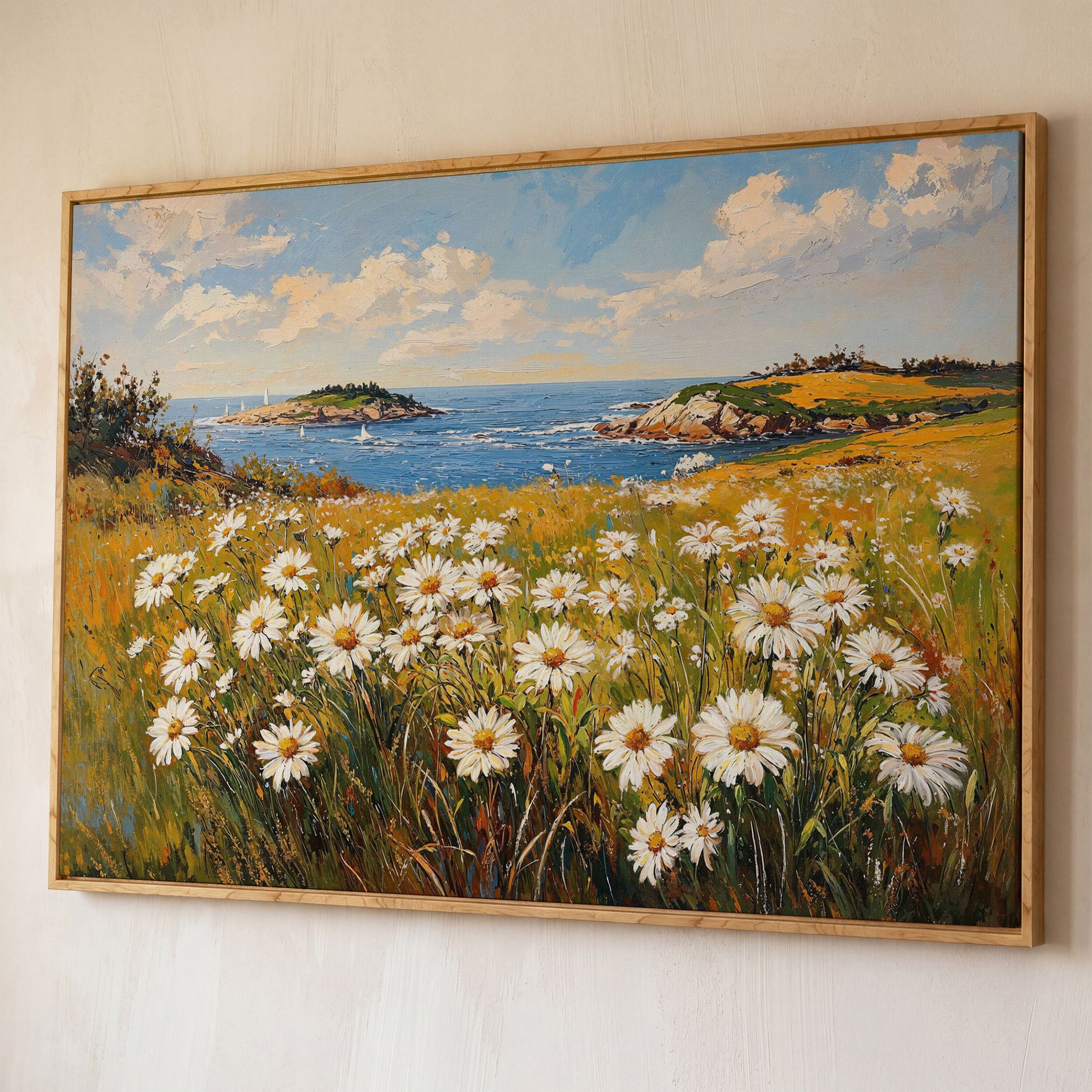 Seaside Wildflower Coastal Landscape Canvas shown in white oak floating frame