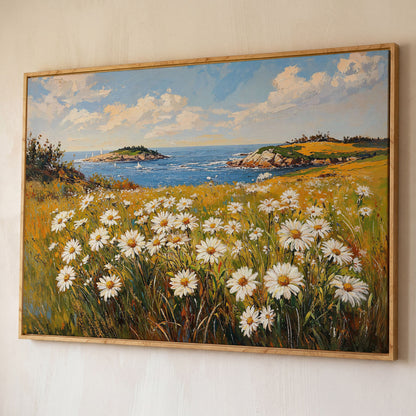 Seaside Wildflower Coastal Landscape Canvas shown in white oak floating frame