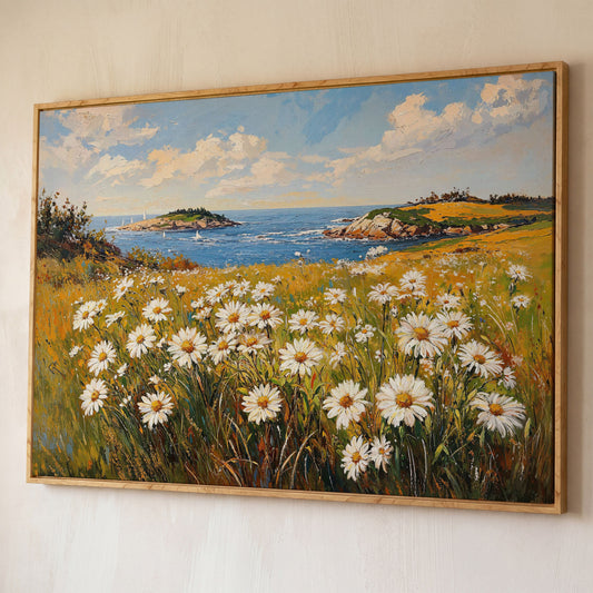 Seaside Wildflower Coastal Landscape Canvas shown in white oak floating frame