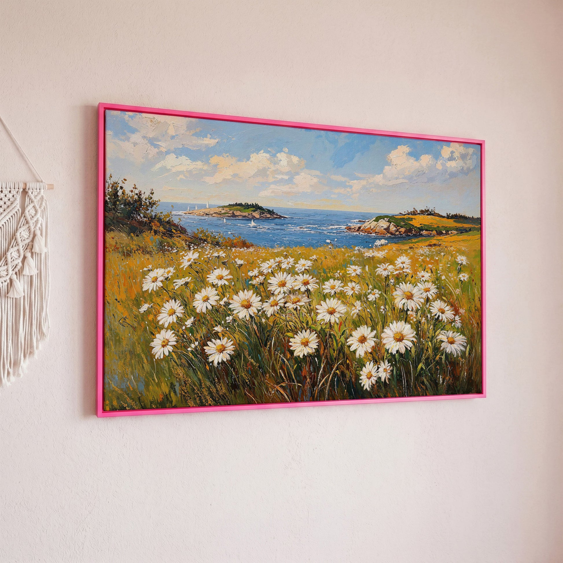Seaside Wildflower Coastal Landscape Canvas in pink floating frame