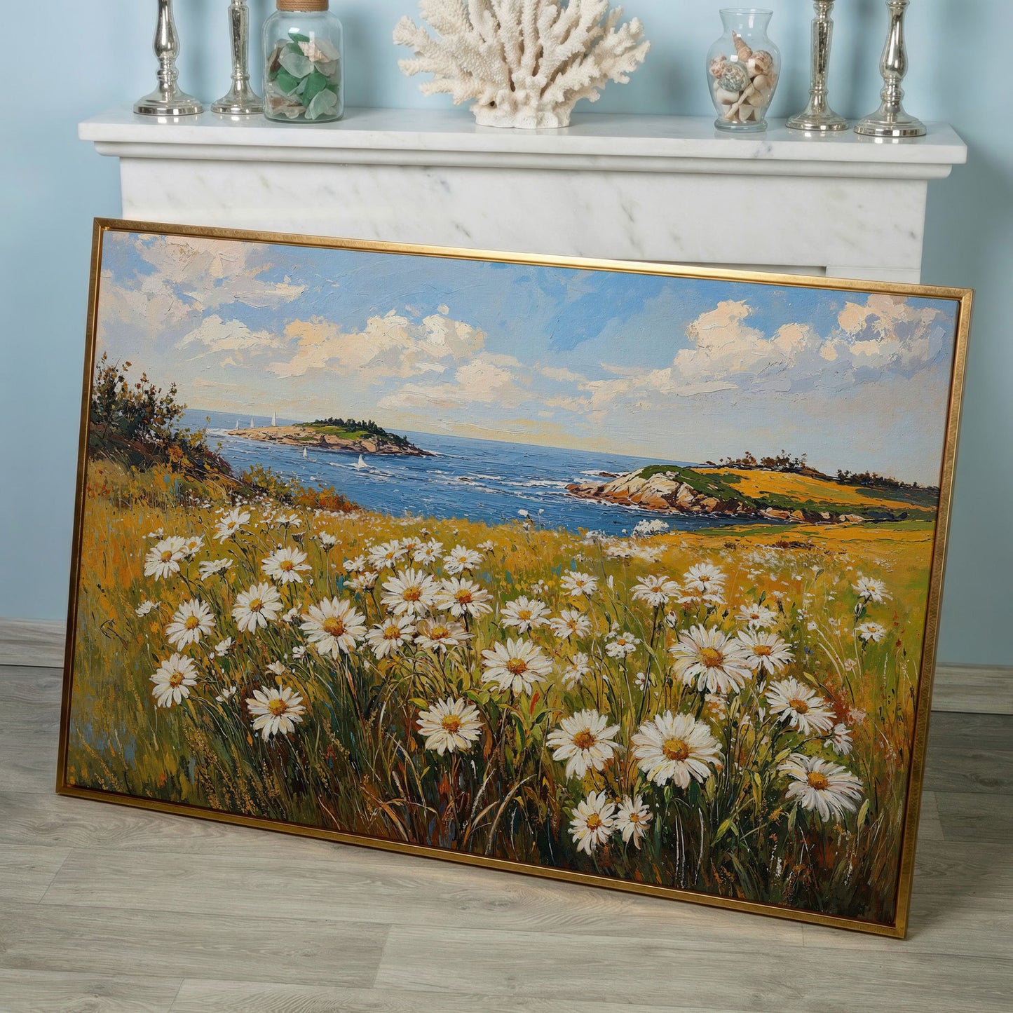 Seaside Wildflower Coastal Landscape Canvas in rose gold floating frame